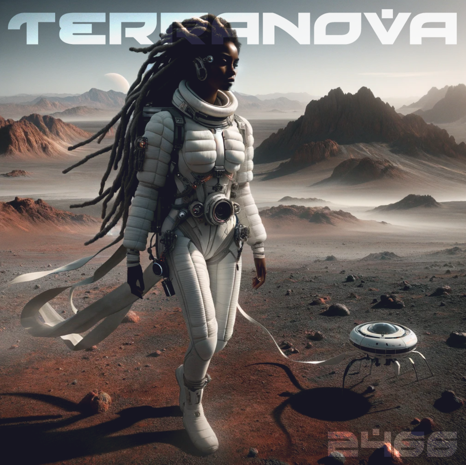 Image showing a beautiful woman in futuristic space suit accompanied by a drone with articulated legs on the surface of a misty red dirt planet within the game of Terra Nova 2466